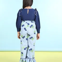 Cutiekins Woven Full Sleeves Pearl Embellished Top & Palazzo Set - Teal Blue & Turquoise Blue image 3