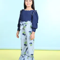 Cutiekins Woven Full Sleeves Pearl Embellished Top & Palazzo Set - Teal Blue & Turquoise Blue image 4