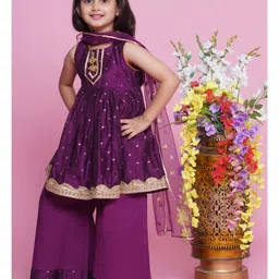 Little Bansi Chanderi Cotton Sleeveless Lace Embellished & Foil Printed Coordinating Kurta Palazzo With Dupatta Set - Purple image 5
