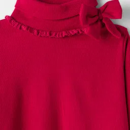 Babyhug Cotton Elastane Knit Full Sleeves Turtle Neck Winter T-Shirt with Bow Applique - Dark Red image 4