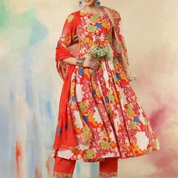 KIMAYRA Floral Printed Pure Cotton Anarkali Kurta With Palazzos And Dupatta image 4