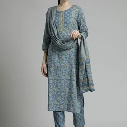 Jaipur Kurti Floral Printed Pure Cotton Kurta with Palazzos & Dupatta image 1