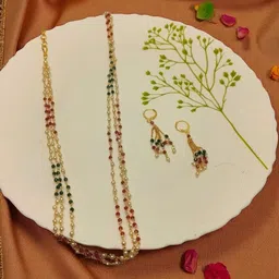 GOLDEN GLAMOUR Women Pink & Gold-Plated Artificial Stones Layered Necklace & Earrings Set image 3