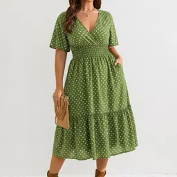TASHVIKA'S Polka Dot Print Crepe Fit & Flare Midi Dress-image-5