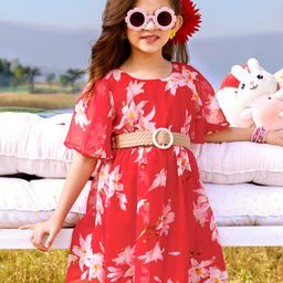 Hola Bonita Woven  Half Sleeves Knee Length Floral Printed  Dress - Red-picture-25