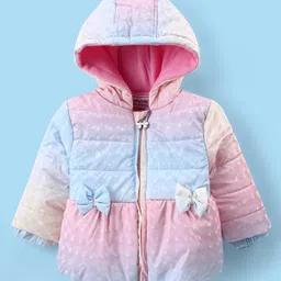 Babyhug Woven Full Sleeves Front Open Padded Hooded Jacket with Ombre & Bow Applique - Pink-picture-15