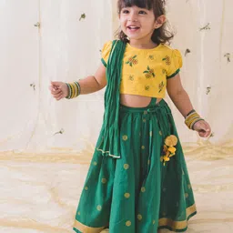 Tiber Taber Half Sleeves Floral Embroidered Lehenga Choli With Dupatta - Green-picture-17