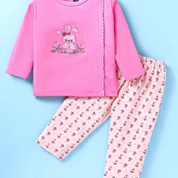 Pepito Cotton Knit Full Sleeves Front Open Night Suit With Animals Embroidery - Pink-picture-19
