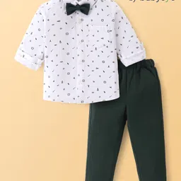 Babyoye Cotton Blend Knit  Solid Dyed Nautical Theme Printed Shirt & Trouser Set  with Bow - White & Green-picture-21
