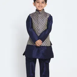JBN Creation Full Sleeves Solid Coordinating Kurta & Pyjama With Ethnic Motif Printed Nehru Jacket Set - Navy Blue image 1