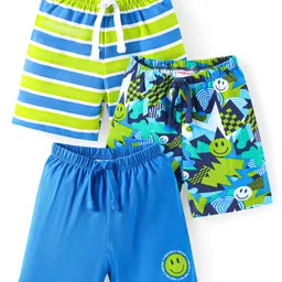 Babyhug Cotton Knit Mid Thigh Length Shorts with Smiley Print & Stripes Pack of 3 - Light Green & Blue-picture-38