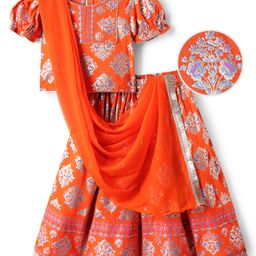 EARTHY TOUCH Single Jersey Knit Half Sleeves Floral Printed Choli & Lehenga Set with Dupatta - Coral Orange-picture-9