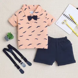 BUMZEE Cotton Half Sleeves Attached Bow Detailed Moustache Printed Polo Tee With Shorts & Suspender Set - Peach & Navy Blue-picture-14