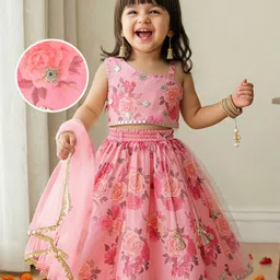 Babyhug Woven Sleeveless Choli Lehenga Set & Dupatta With Floral Embroidery & Lace Detailing - Pink-picture-27