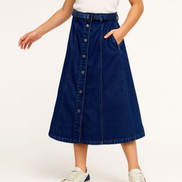arias by lara dutta Arias Cotton Lycra Mid Calf Length Dark Washed Skirt With Stretch & Belt - Navy Blue-picture-44