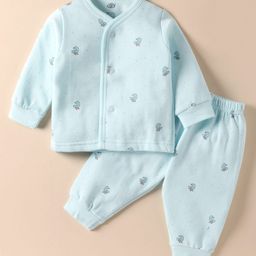 Zero Fleece Knit Full Sleeves Co-ords Front Open Winter Wear T-Shirt & Lounge Pant Set with Bird Print - Aqua Blue-picture-38