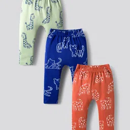 Bonfino 100% Cotton Knit All Over Printed Full Length Diaper Leggings Pack of 3 - Navy Blue Rust Red & Green image 1