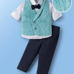 Mark & Mia Cotton Woven Full Sleeves Solid 3 Piece Party Suit With Bow - Sea Green & White-picture-12