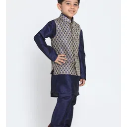 JBN Creation Full Sleeves Solid Coordinating Kurta & Pyjama With Ethnic Motif Printed Nehru Jacket Set - Navy Blue image 4