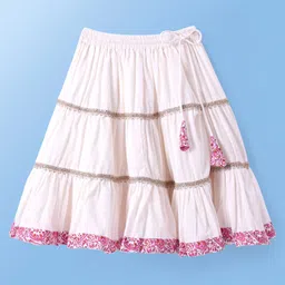 Babyoye 100% Cotton Woven Singlet Sleeves Floral Printed Choli Lehenga Set with Dupatta & Tassle Detailing - White image 4