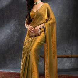 KALINI Gold Silk Blend Solid Sarees image 3