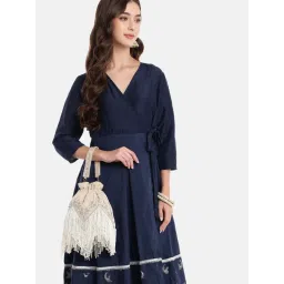 Anekaant Women Dewdrop Fringe Ecru And Ivory Floral Zari Embroidered Velvet Potli Bag image 1