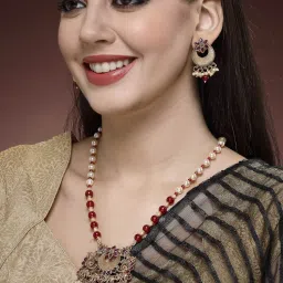 ADIVA Antique Gold-Plated Maroon Stone and Pearls Handcrafted Jewellery Set-image-62