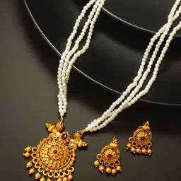 aadita Gold-Plated Stone-Studded & Pearl Beaded Temple Jewellery Set image 1