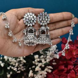 MEIRA JEWELLERY Silver-Plated Artificial Studded & Beaded Oxidised Dome Shaped Jhumkas-picture-45