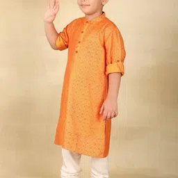 Fabindia Boys Ethnic Motifs Block Printed Band Collar Roll-Up Sleeves Straight Kurta image 4