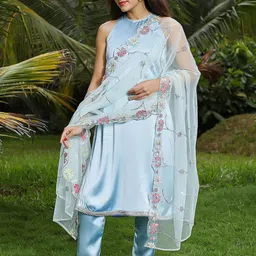 QISSA Satin Halter Neck A-Line Kurta With Trousers And Dupatta-image-2