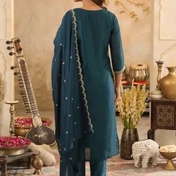 Indo Era Women Ethnic Motifs Embroidered Regular Thread Work Kurta with Trousers & With Dupatta image 4