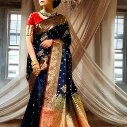 bigben textile Ethnic Motifs Zari Silk Blend Banarasi Saree image 4