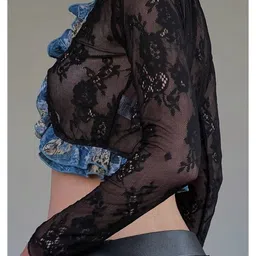 LULU & SKY Women Self Design Lace Ruffle Tie-up Shrug image 4