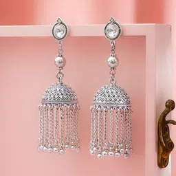 Rubans Oxidised Silver-Plated Long Dome Jhumka Earrings with White Stone & Chain Tassels image 5