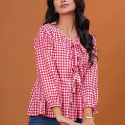 PINGAKSH Checked Tie-Up Neck Cotton Top image 5