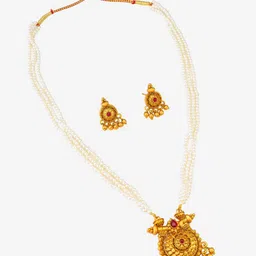aadita Gold-Plated Stone-Studded & Pearl Beaded Temple Jewellery Set image 3