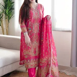 FAST FASHIONS Women Ethnic Motifs Printed Mirror Work Kurta & Trousers With Dupatta-picture-27