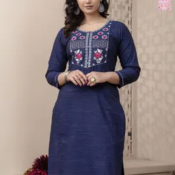 AUZAAI COLLECTION Selection Of 2 Floral Embroidered Round Neck Thread Work Cotton Kurtas-image-7