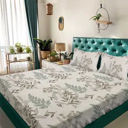 Arrabi Off White & Green Floral 350 TC King Bedsheet with 2 Pillow Covers-picture-41