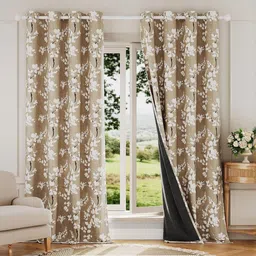 BFAM Brown & White Floral Thermal Insulated 2 Pieces Long Door Black Out Eyelet Curtains-picture-19
