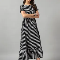 Raiyani Enterprise Women Striped Puff Sleeve Crepe Fit & Flare Midi Dress-image-34