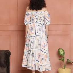 Aawari Women Floral Printed Off-Shoulder Fit and Flare Midi Dress image 3