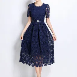 JC Collection Women Self Design Round Neck Fit and Flare Midi Dress Comes with a belt-picture-23