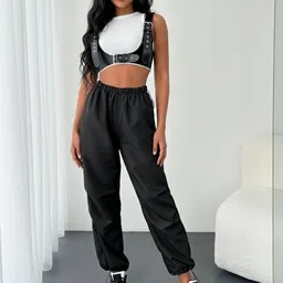 Moda Rapido Women Black Nylon Striped Regular Trousers-image-72