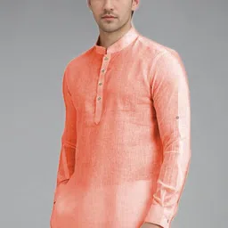 KNOWTED Mandarin Collar Roll-Up Sleeves Cotton Straight Short Kurta image 3