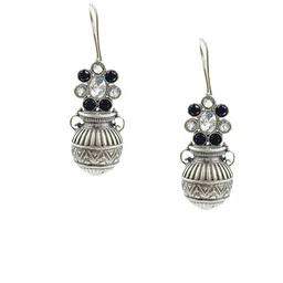 NAMAN ARTS Silver-Plated Oxidised Artificial Stones Studded Contemporary Drop Earrings image 2