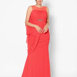 Kiya Red Solid Net Drape Gown with Metallic Detail-picture-23