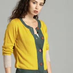 Roadster Women Mustard Yellow & Green Solid Cardigan image 3