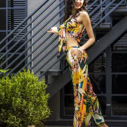 aoba EROTISSCH Yellow Printed V-Neck Relaxed-Fit Top With Trouser image 3